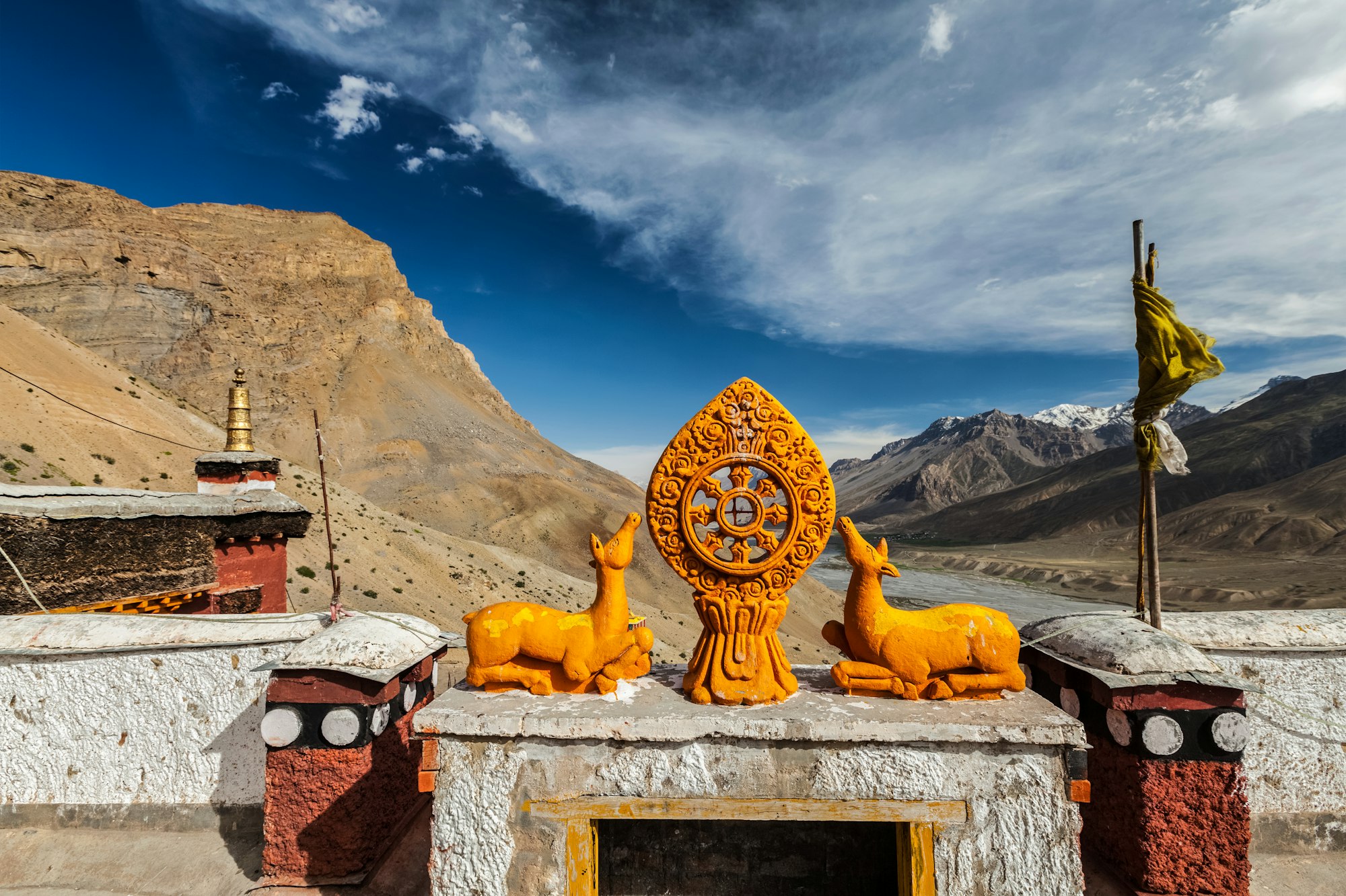 Dharmachakra Wheel of Life in Key gompa Tibetan Buddhist monastery . Spiti Valley, Himachal Pradesh