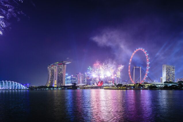 Fireworks over Singapore city skyline, Singapore, Singapore